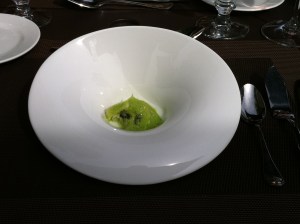 Some sort of foam with caviar starter.