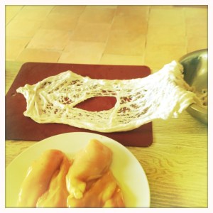 Sheep's stomach to be used as the binding for the chicken.